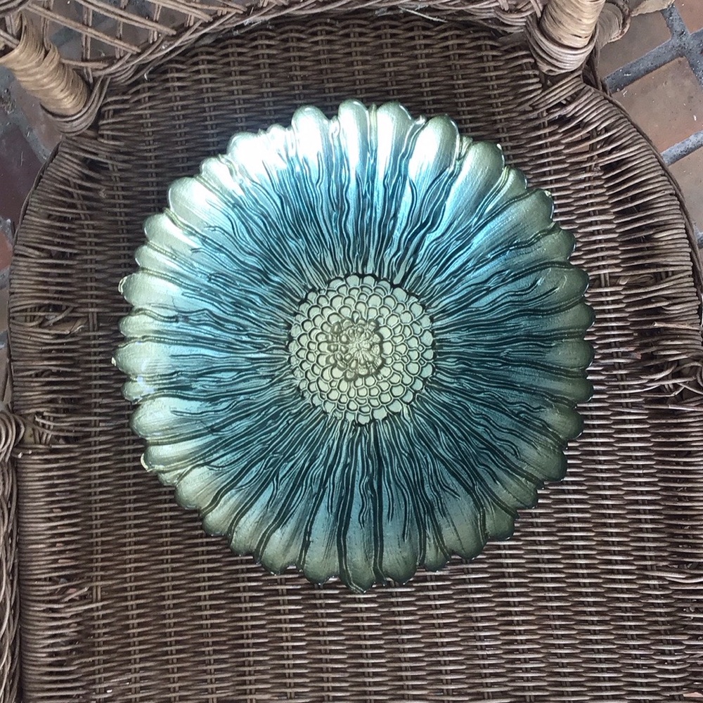 Teal Glass Bowl in Sunflower Design